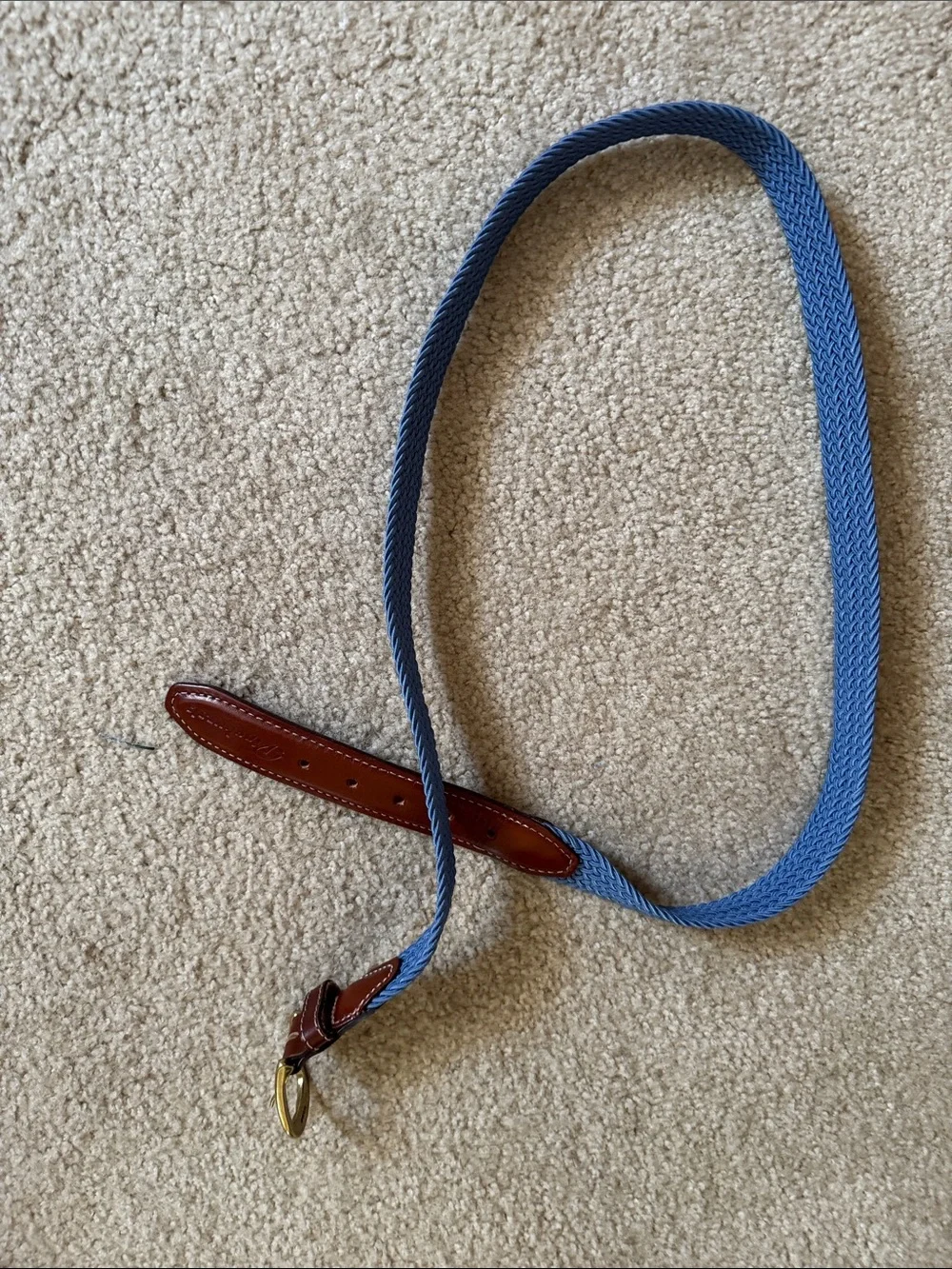 Men's Blue Woven Belt with Brown Leather Trim and Gold Buckle